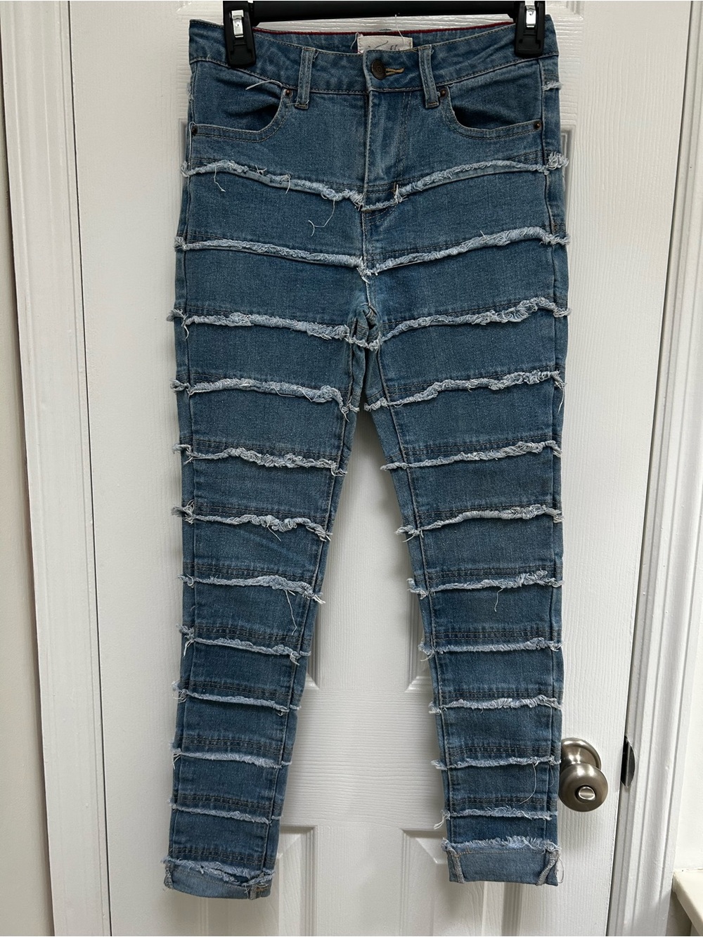 Striped Frayed Detail Skinny Jeans — Blue